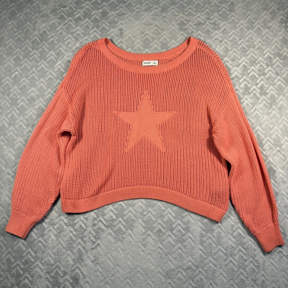 Hollister Women's‎ Size M Coral  Waffle Knit Pullover Sweater Star Long Sleeves